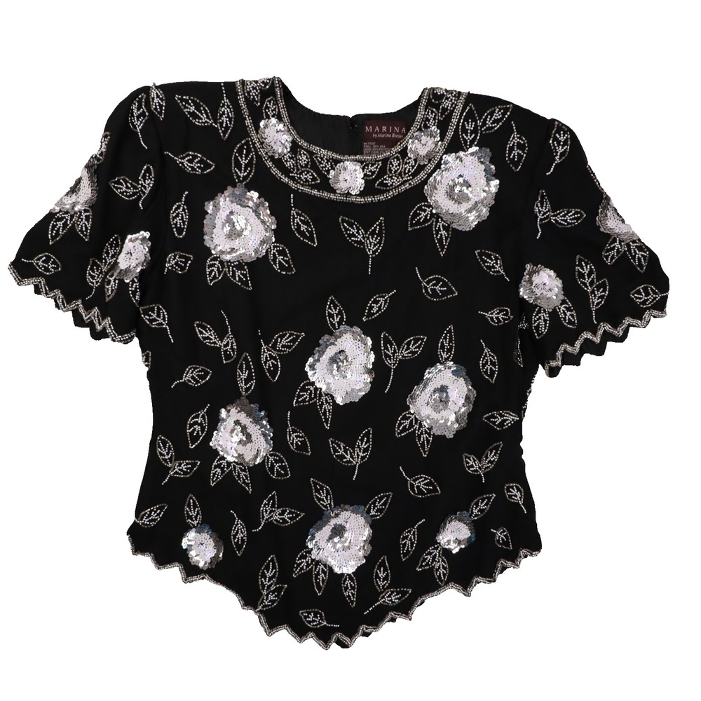 Marina By Marina Bresler Vintage Sequined & Beaded Scalloped Edge Blouse Medium